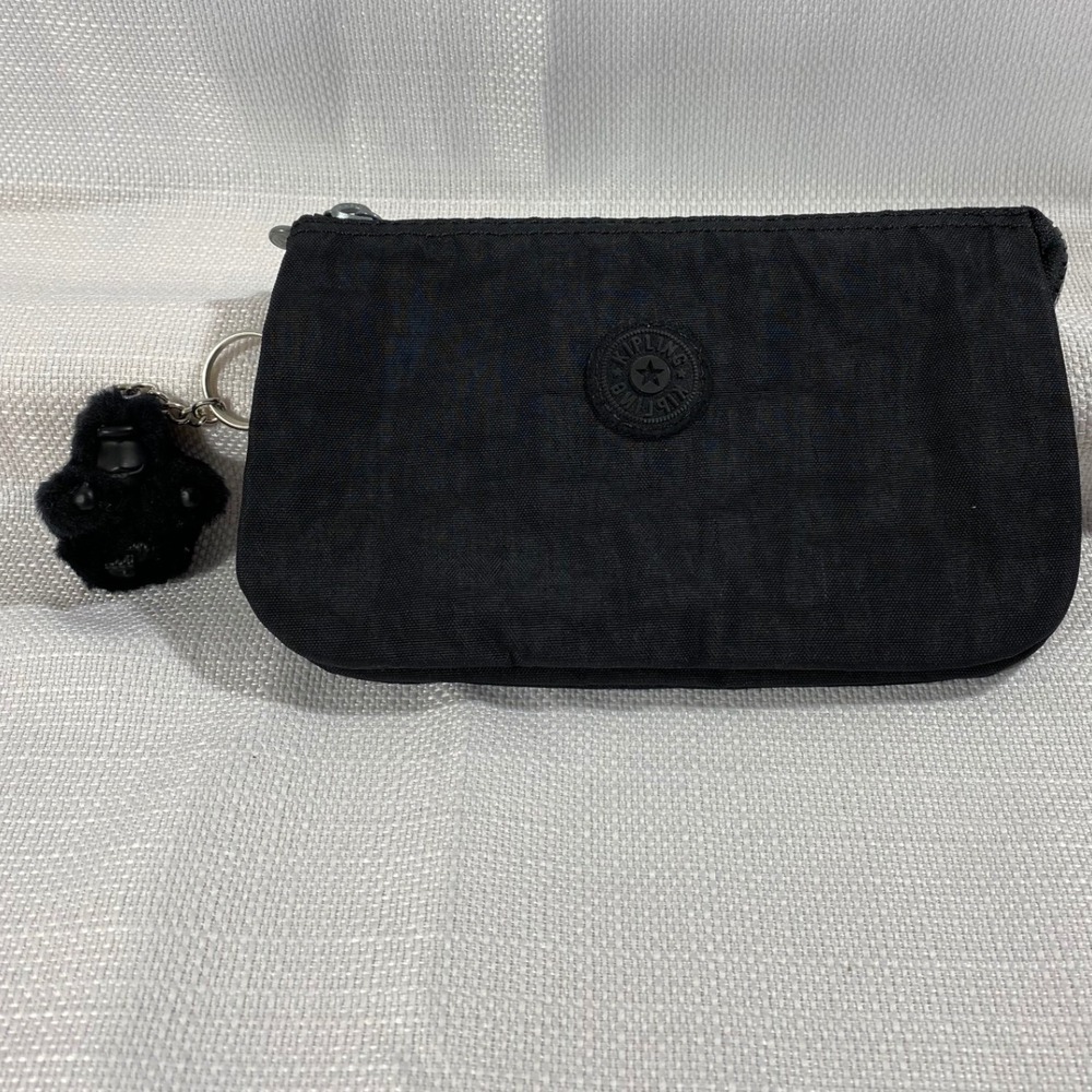 Kipling Creativity Large Pouch Black Crinkle Nylon Triple Pocket Monkey Keychain